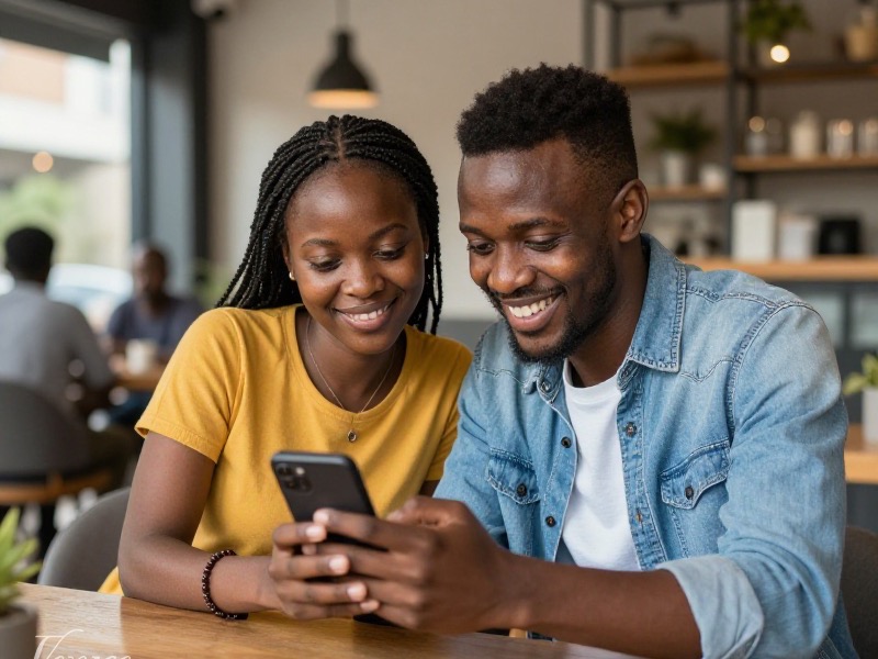 Young Nairobi couple laughing together over coffee at a Westlands cafe while looking at a smartphone