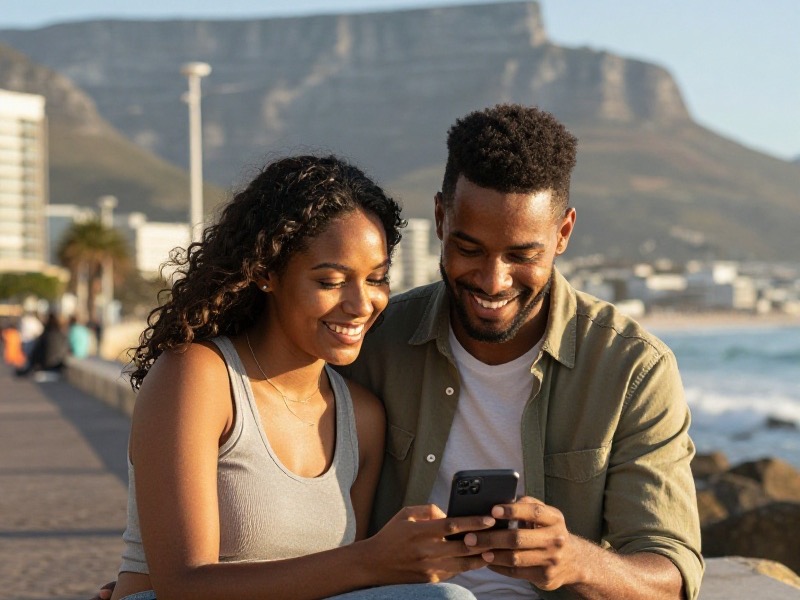 A relaxed young Cape Town couple smiling together on the Sea Point promenade with Table Mountain in the background, looking at one phone in warm afternoon light