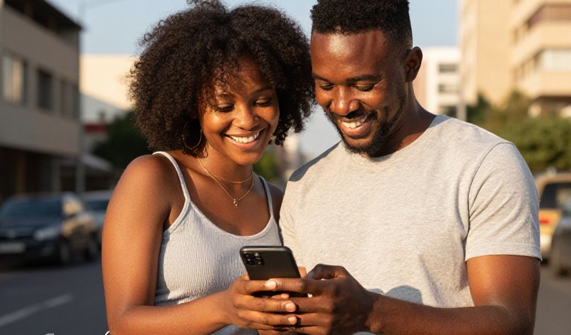 A cheerful young South African couple sitting on a bench in a sunny Johannesburg park, looking together at a mobile phone