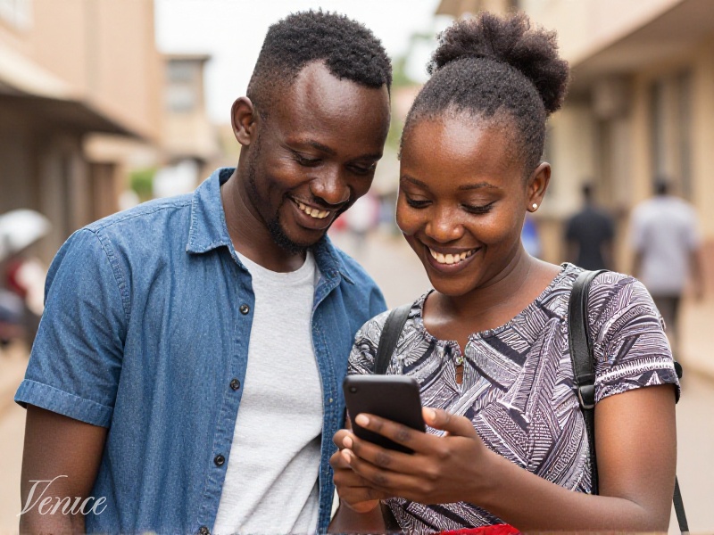 Happy young Kenyan couple smiling at a smartphone together outdoors in Nairobi