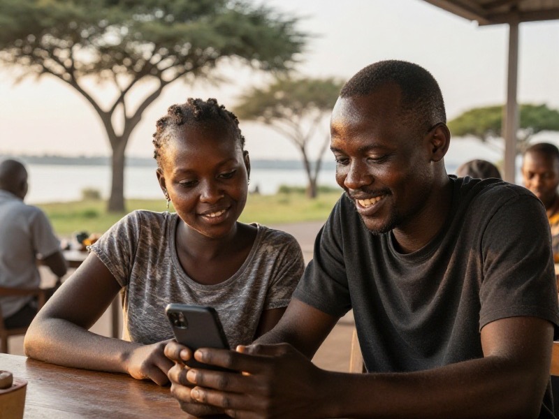 A young Kenyan woman and man smiling over a phone at an outdoor cafe near the Kisumu lakefront, with Lake Victoria and acacia trees in soft golden evening light