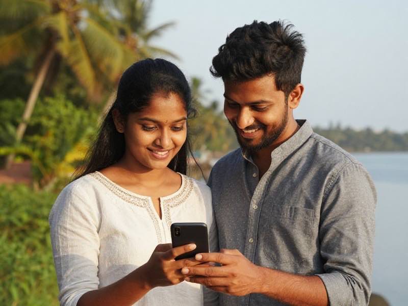 Young Kochi couple sitting on the Marine Drive walkway at sunset, smiling while looking at a phone together, Cochin backwaters and city skyline behind them