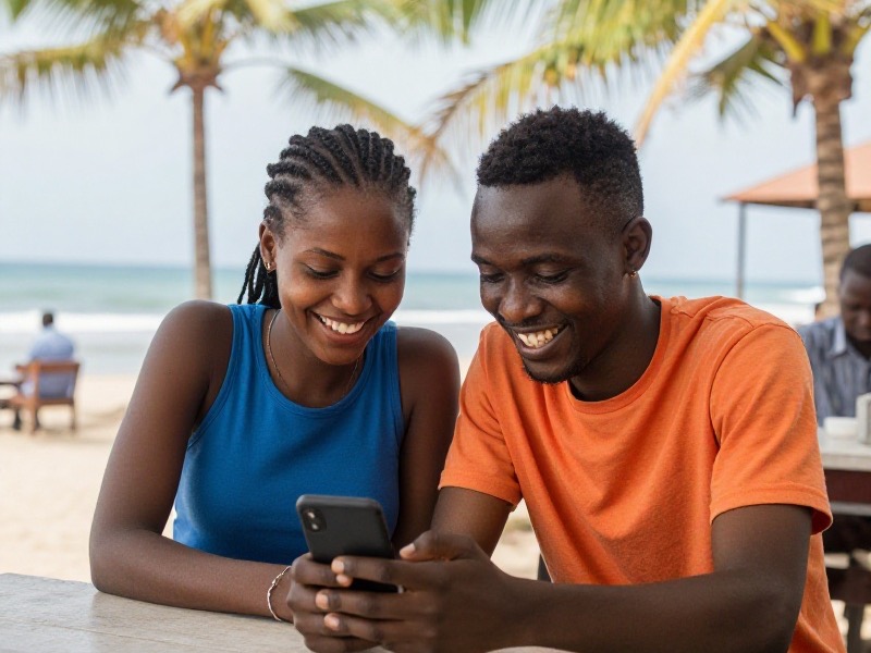 Young Kenyan man and woman laughing over a phone at a seafront cafe in Mombasa, with palm trees and the Indian Ocean glowing in the warm evening light