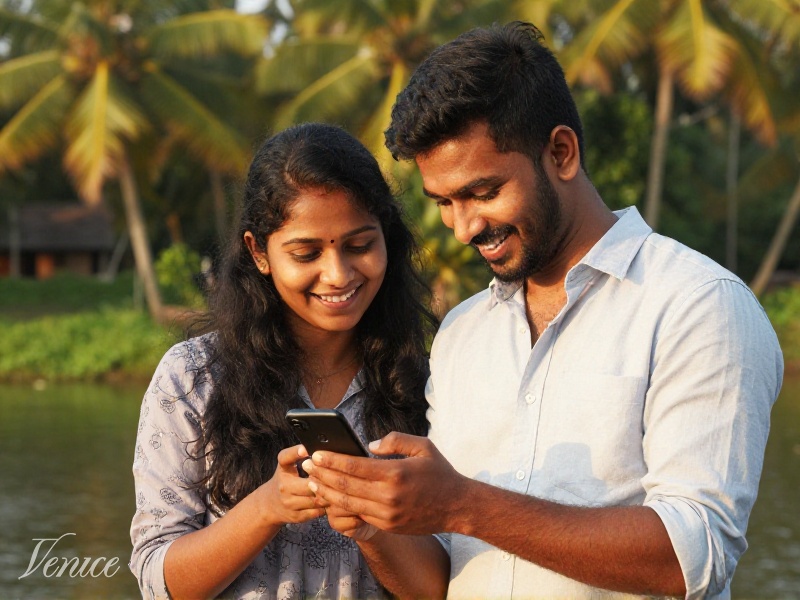 Young Indian couple smiling at a phone together by the backwaters in Kerala