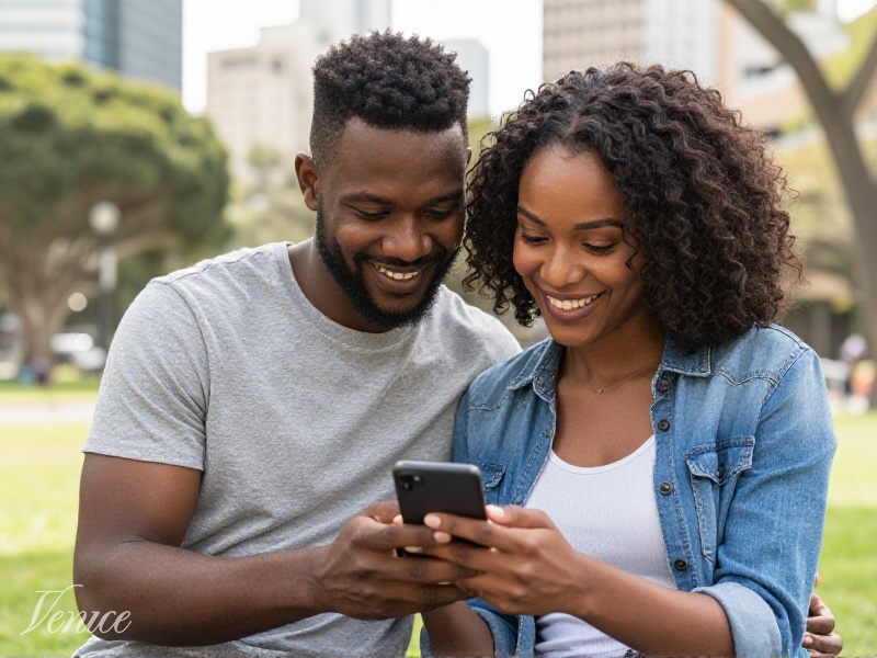 Smiling young South African couple looking at a phone together in a sunny city park