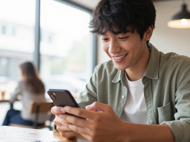 Person smiling while using a dating app on a smartphone in a bright cafe